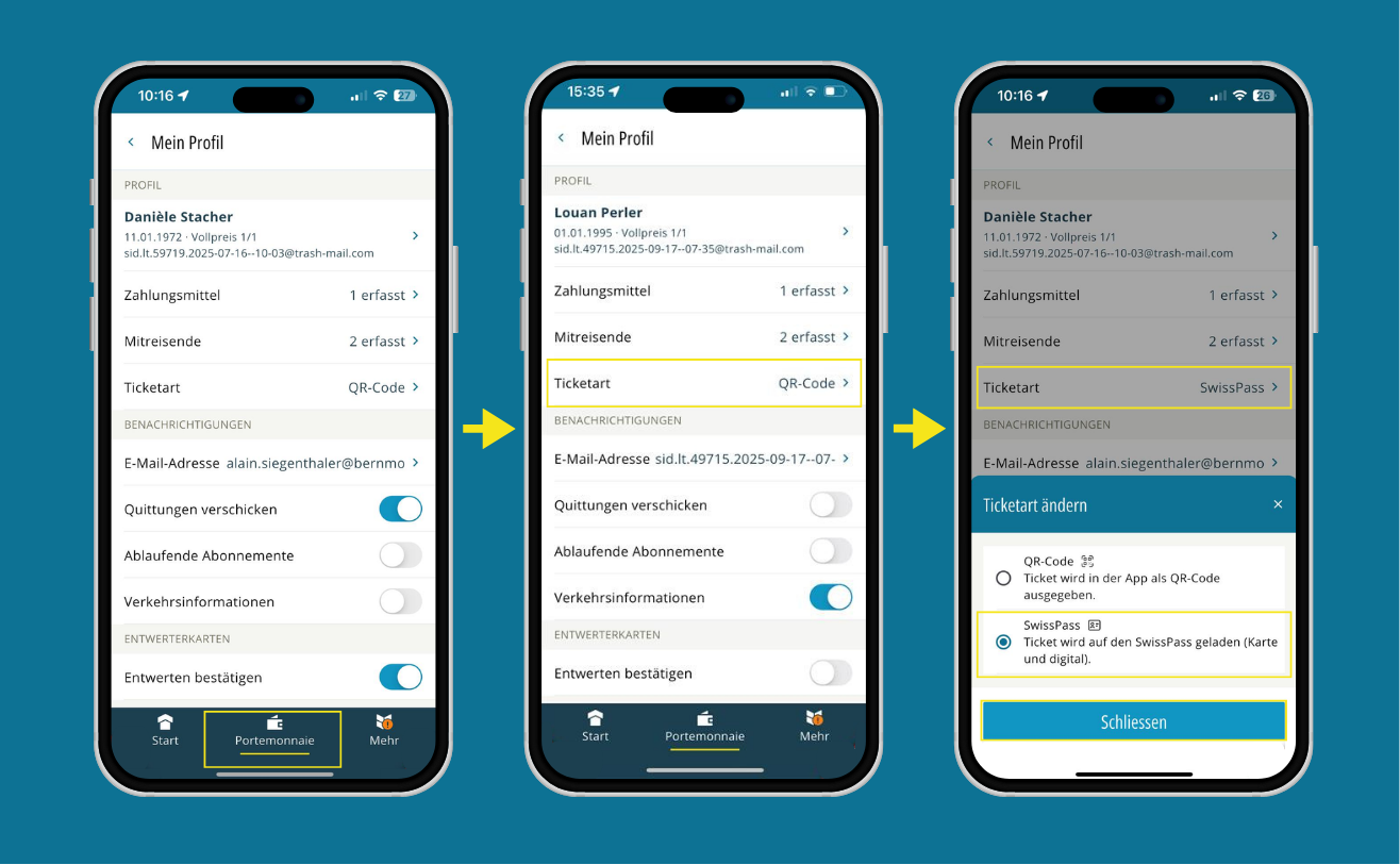 Die Ticketart wird im Portemonnaie von QR-Code auf SwissPass geändert