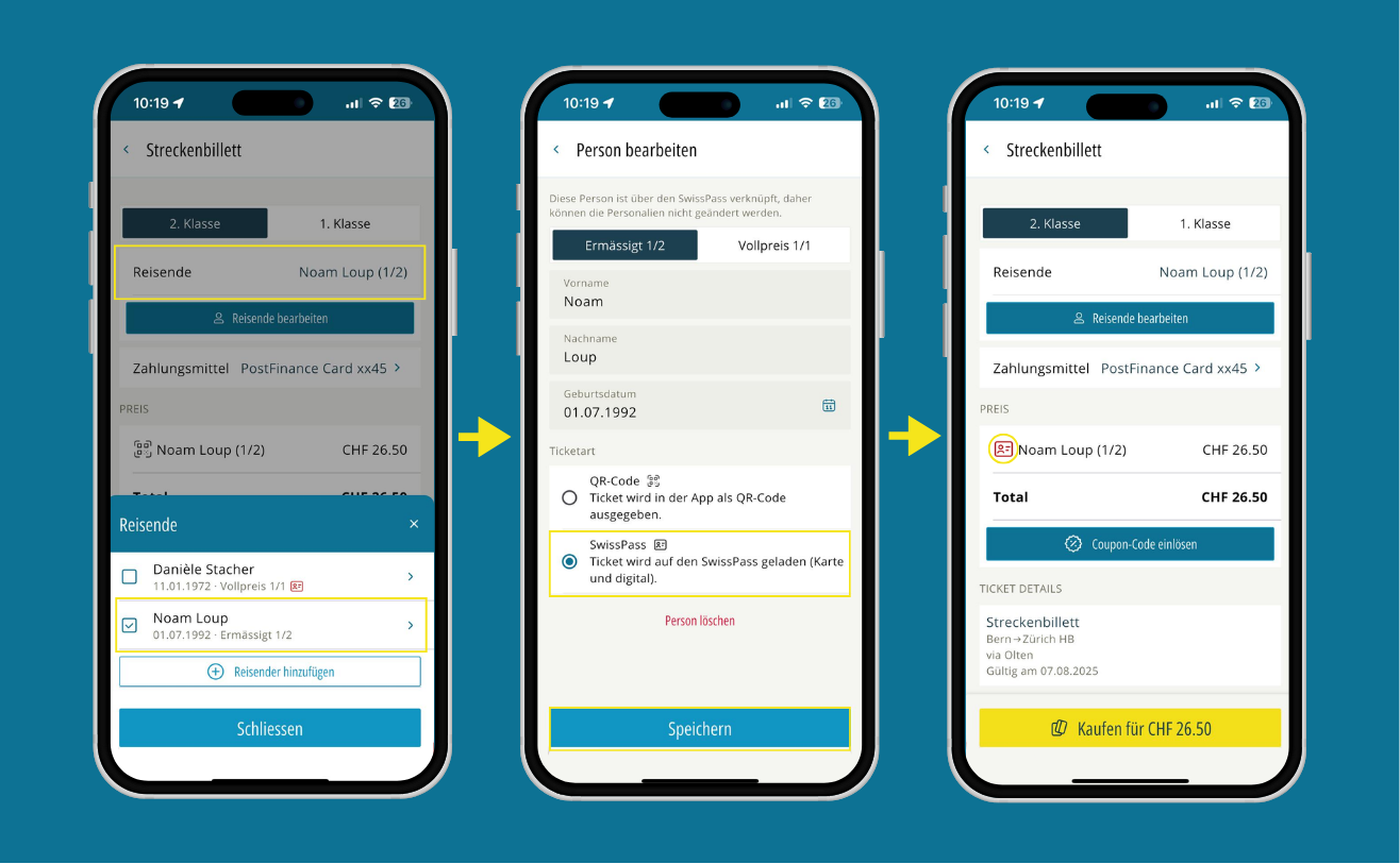In der Kaufübersicht bei Reisende die Ticketart auf SwissPass ändern